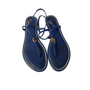 Tory Burch Emmy Royal Blue Leather Thong Sandals Gold Logo Ankle Strap Womens 9
